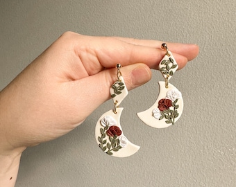 Floral Moon Earrings, Floral Boho Polymer Clay Earrings, Ivory Clay Moon Earrings, Floral Clay Earrings, Trendy Clay Jewelry