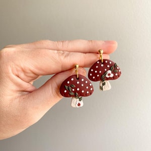 Mushroom Clay Earrings, Handmade Floral Mushroom Jewelry, Unique Boho Nature Lover Gift, Cottagecore Accessories with Flowers and Leaves