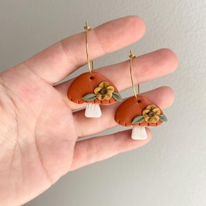 Floral Mushroom Earrings, Mushroom Jewelry, Boho Earrings for Spring, Mushroom Hoop Earrings, Cottagecore Mushroom Earrings, Hippie Earrings