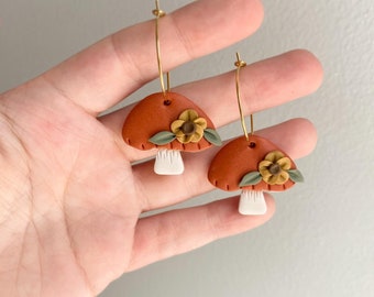 Floral Mushroom Earrings, Mushroom Jewelry, Boho Earrings for Spring, Mushroom Hoop Earrings, Cottagecore Mushroom Earrings, Hippie Earrings