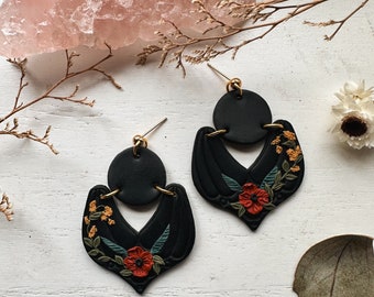 Dark Floral Statement Earrings, Handmade Cottagecore Earrings, Trendy Whimsigoth Clay Jewelry, Polymer Clay Earrings, Unique Boho Gift