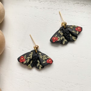 Floral Moth Earrings, Handmade Cottagecore Dangle Earrings, Nature inspired Jewelry, Witchy Earrings, Small Polymer Clay Earrings
