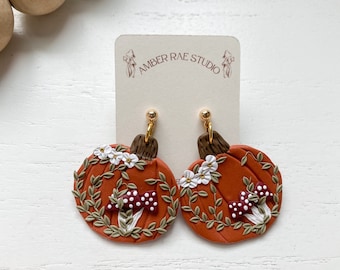 Cottagecore Pumpkin Earrings, Handmade Fall Jewelry, Mushroom Floral Pumpkin Jewelry, Earrings for Autumn, Gift for Halloween