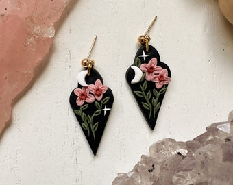 Floral Moon Earrings, Witchy Flower Earrings, Goth Clay Earrings, Boho Jewelry, Polymer Clay Earrings, Moon Jewelry, Trendy Flower Earrings