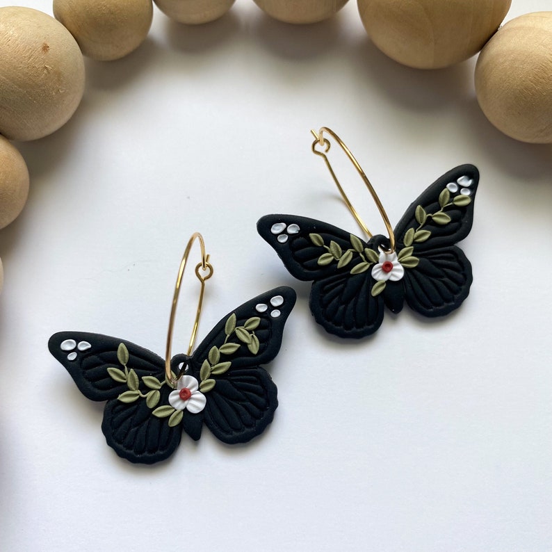 Butterfly Earrings, Polymer Clay Floral Earrings, Butterfly Hoop Earrings Black, Clay Butterfly Earrings, Floral Nature Jewelry, Boho Gift image 7