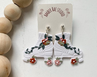 Floral Roller Skate Earrings | Polymer Clay Earrings | White Roller Skate Earrings| Floral Clay Earrings