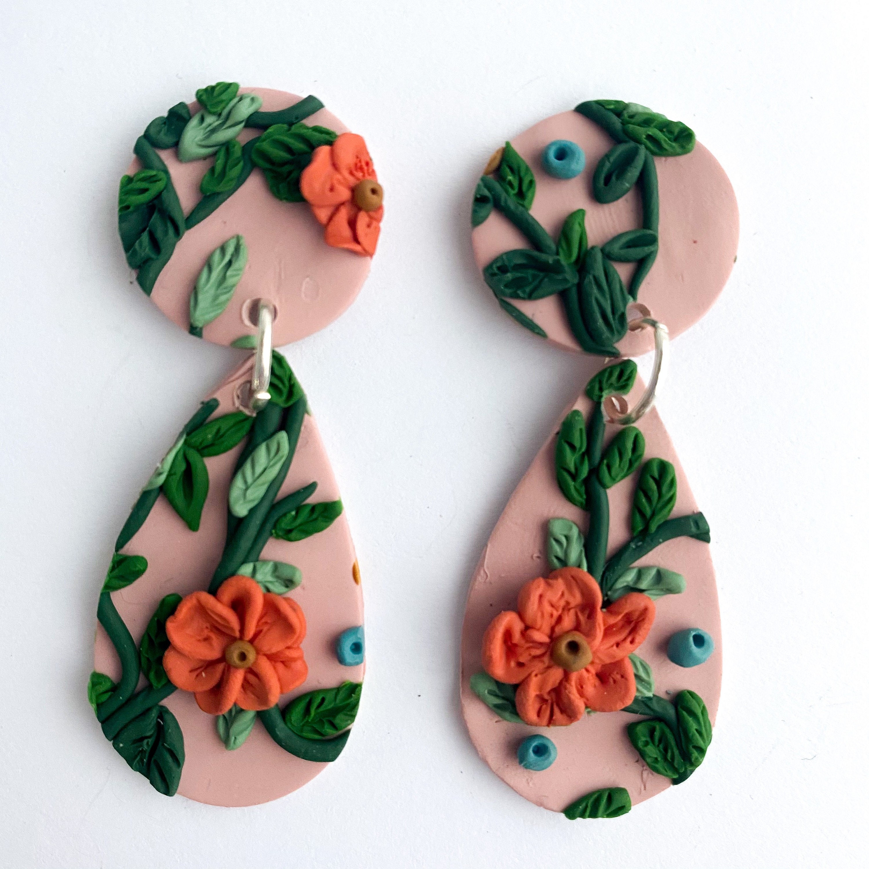 Handmade Polymer Clay Flower Earrings Light Pink Floral Drop Etsy