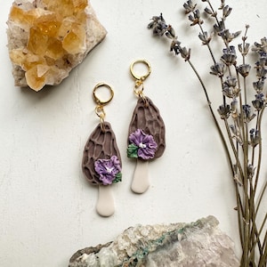 Morel Mushroom Earrings, Floral Mushroom Cottagecore Jewelry, Handmade Fungi Flower Earrings, Boho Gift for her, Cute Polymer Clay Earrings