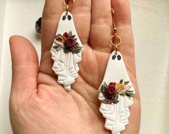Floral Ghost Earrings, Flower Ghost Earrings, Floral Clay Earrings, Whimsigoth Jewelry, Clay Goth Earrings, Unique Floral Earrings Clay