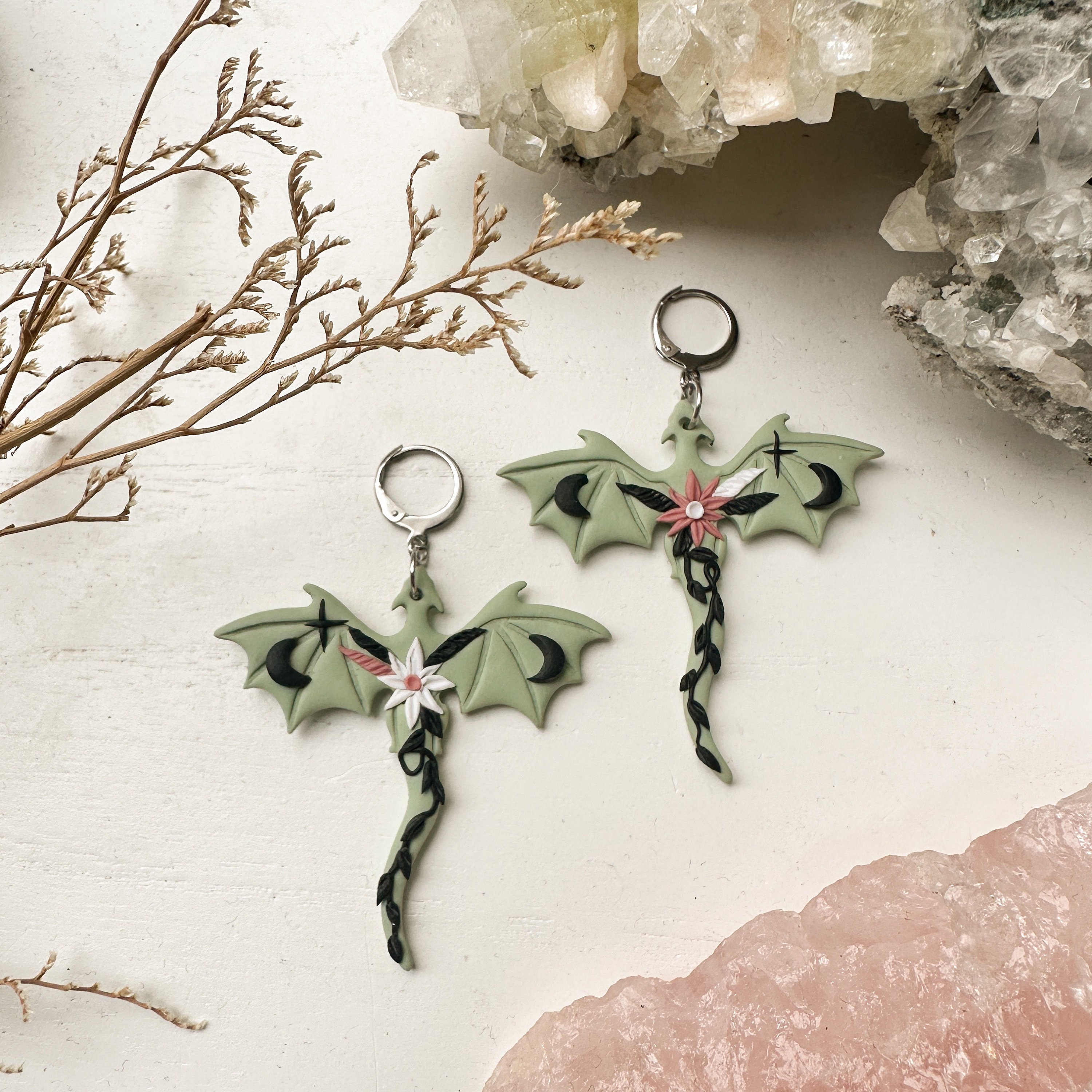 Floral Dragon Clay Earrings, Moon Dragon Earrings, Celestial Dragon Dangle Earrings, Goth Jewelry, Dragon Jewelry, Whimsigoth Earrings Clay