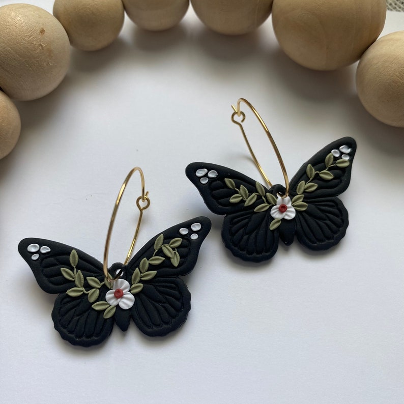 Butterfly Earrings, Polymer Clay Floral Earrings, Butterfly Hoop Earrings Black, Clay Butterfly Earrings, Floral Nature Jewelry, Boho Gift image 4