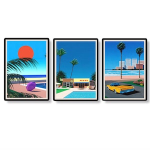 3 in 1, Hiroshi Nagai, Tropical Vibes, Retro Art, Urban Landscapes, Pastel Colors, Japanese Artist, Sunny Days, Pop Art, Poster,