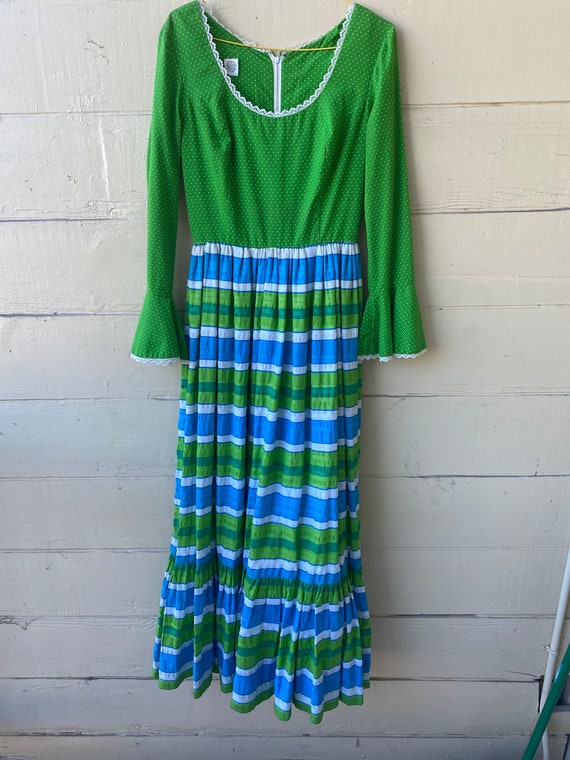 Spring green and sky blue striped and dotted maxi