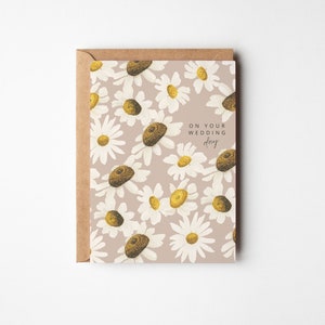 Carte de mariage avec marguerites - Carte de voeux florale pour les mariés - Carte de mariage botanique aquarelle neutre