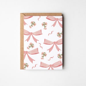 Carte de voeux avec rubans, nœuds et fleurs roses, Coquette, Papeterie girly, Jolies lettres, Cartes de voeux roses, Cartes avec nœuds, Carte pour toutes les occasions