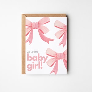 Carte de bienvenue de petite fille avec des noeuds roses, carte de bienvenue avec de jolis noeuds roses, baby shower girl, carte C'est une fille, vierge à l'intérieur, enveloppe incluse
