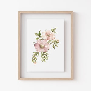 Wilde roos muurkunst, provinciebloem, Fine Art Print, roze bloemen, rozenkunstwerk, bloemenaquarel, pastelroze kunst, kinderkunstwerk