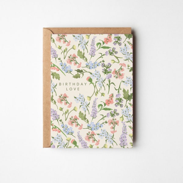 Birthday Love Card, Floral Birthday Greeting Card, Watercolor Wildflower Card, Romantic or Friendship Birthday Card, Feminine Stationery