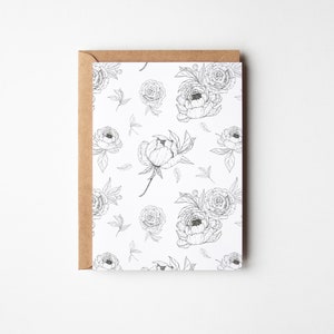 Carte illustration florale multi-occasions, carte pour amateur de fleurs, fleurs sauvages, carte d'art illustration florale délicate, dessin à l'encre, noir et blanc