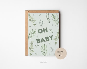 Oh Baby Printable Download Card, Neutral Baby Card, New Mom Card, Printable Card, Baby Shower Card, Botanical New Baby Card