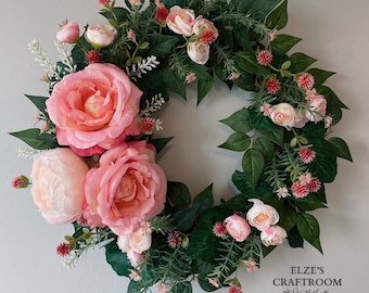 Handcrafted Peony Rose Wreath, Romantic Cottage Floral Door Decor