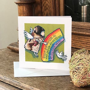 Grußkarte zur Kommunion/Konfirmation, Kunstdruck, quadratische Klappkarte, Sinnspruch, Regenbogen, Engel, Karte mit weißem Umschlag