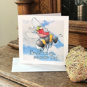 Wenskaart, vierkante vouwkaart, felicitatiekaart, hommel, engel, vliegend, kaart met witte envelop