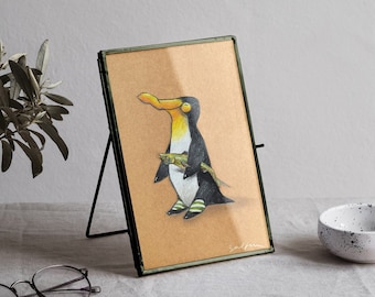 Penguin with Fish, Original Illustration, Collage Art, Paper Art, Colored Pencil, Art without Frame, Portrait Format, Small Artwork, Gift