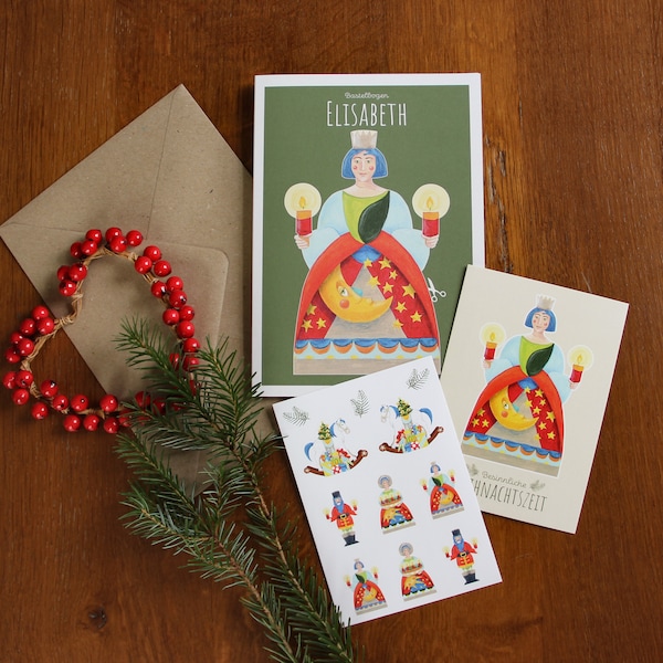 Weihnachtskarte im Set "Elisabeth", Bastelbogen als Klappkarte, Umschlag, Postkarte, Sticker, Engel, Weihnachtsengel