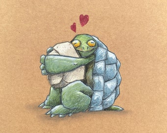 Turtle Love, Illustration originale, Collage Art, Paper Art, Crayon de couleur, Art sans cadre, Format paysage, Petite œuvre d’art, Cadeau