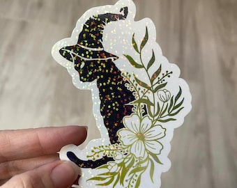 Witchy Black Cat Holographic Vinyl Sticker – Floral Diecut Decal