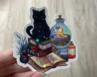 Witchy Black Cat Vinyl Sticker – Holographic Diecut Decal