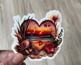 Watercolor Sunset Beach Vinyl Sticker, Coastal Decor (3x3)