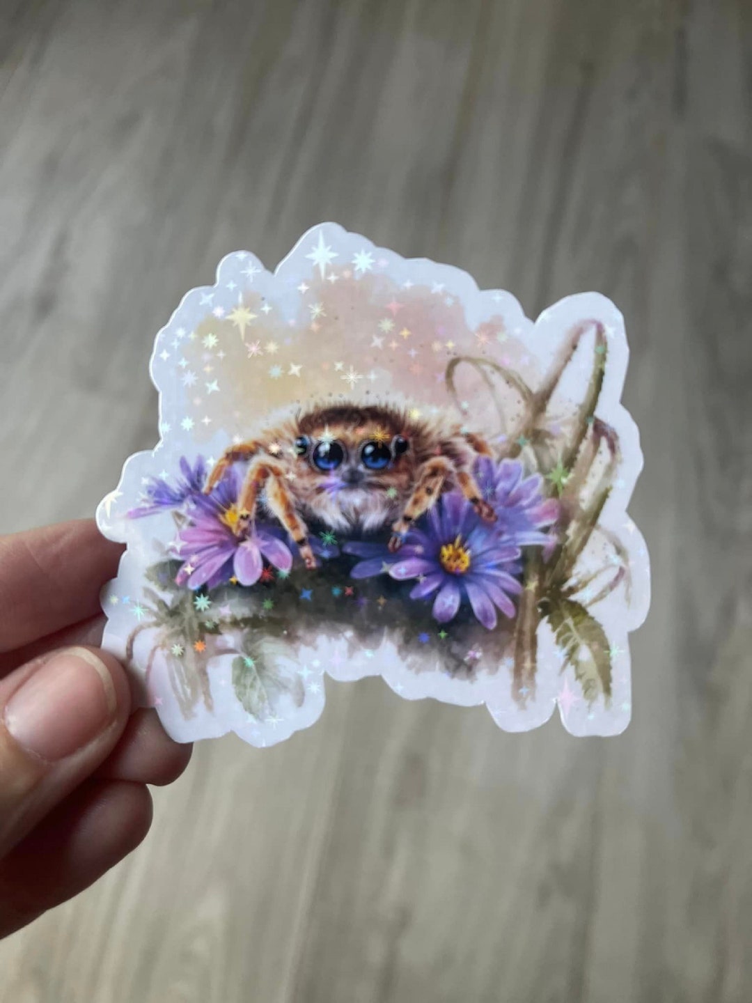 Jumping Spider & Purple Flowers Holographic Sticker, Kawaii Jumping ...
