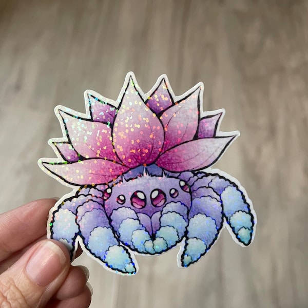 Lotus Flower Jumping Spider Holographic Sticker  - Spider Sticker - Diecut Sticker - Vinyl Stickers - Decal  - Laptop Sticker - Holographic