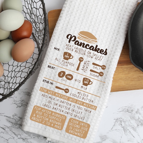 Pancake Kitchen Towel, Pancake Recipe Towel, Dishtowel, Dish Drying Towel, Waffle Weave Towel, Tea Towels, Breakfast Kitchen Towel
