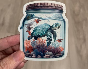 Sea Turtle in Mason Jar Vinyl Sticker – Water Resistant Die Cut