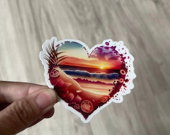 Watercolor Sunset Beach Vinyl Sticker, Ocean Waves, Starfish, 3x3