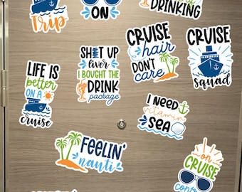 May include: A collection of 10 colorful cruise-themed stickers with various sayings, including "Cruise Vibes On", "Life is Better on a Cruise", "Cruise Hair Don't Care", "I Need Vitamin Sea", "Feelin' Nauti", "Cruisin' Vibes", "Cruise Mode", "Today's Forecast Cruising with a Chance of Drinking", "Shut Up Liver I Bought the Drink Package", and "Cruise Squad".