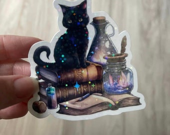 Witchy Black Cat Holographic Vinyl Sticker - 3" Die Cut Decal