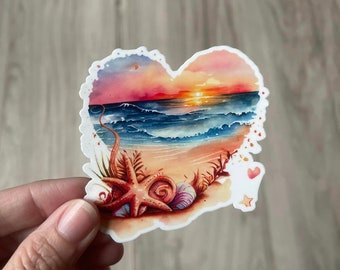 Watercolor Beach Sunset Vinyl Sticker, Starfish & Ocean Waves