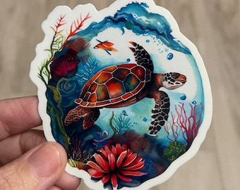 Sea Turtle Vinyl Sticker - Watercolor Ocean Art (3x3")