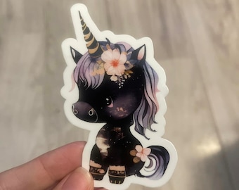 Black Unicorn Vinyl Sticker – Floral Goth Laptop Decal
