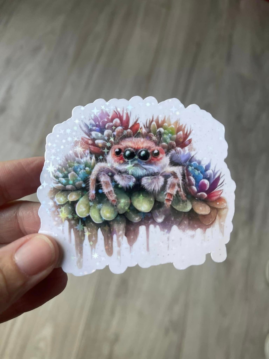 Jumping Spider & Succulents Holographic Sticker, Kawaii Jumping Spider ...