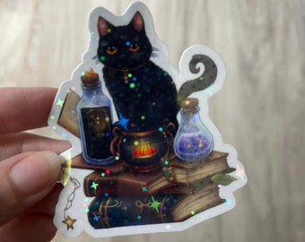 Witchy Black Cat Holographic Vinyl Sticker – Cauldron Potion Design