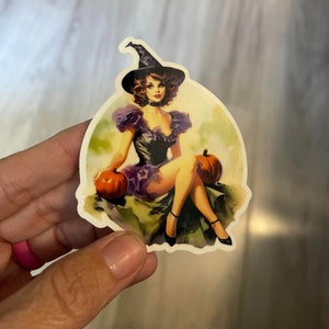 Vintage Halloween Sticker, Halloween Witch Sticker, Die Cut Sticker, Flying Witch Sticker, Water Resistant Sticker, Pinup Girl Sticker