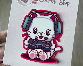 Gamer Kitten Vinyl Sticker – Laptop Decal, Water Bottle Sticker