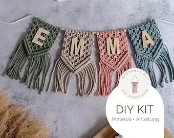 Makramee DIY KIT Namensgirlande – Material & Anleitung – Makramee Wimpelkette mit Holzbuchstaben – Boho Kinderzimmer Deko