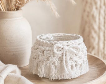 Makramee Windlicht mit Glas – handgefertigter Boho Teelichthalter für LED-Licht