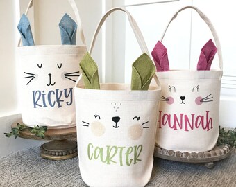 custom bunny ears easter basket | kids easter basket | easter gift | blue pink or green bunny ears easter bunny bag personalized with name